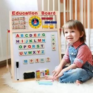 Wooden Kids Drawing Board Double-Sided Magnetic Whiteboard - Bangla And English