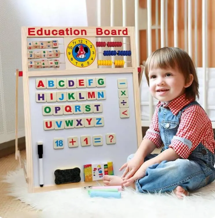 Wooden Kids Drawing Board Double-Sided Magnetic Whiteboard - Bangla And English