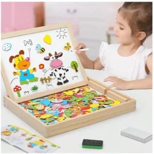 Magnetic Wooden Puzzle Game, Double-Sided Puzzle Drawing Easel, Chalk Board, Educational Toy for Kids