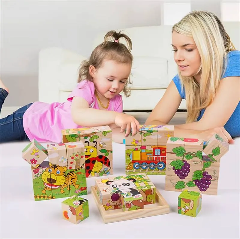 Wooden Blocks Toys Children Six Side Cube Jigsaw Puzzles Game