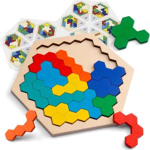 Wooden hexagon puzzle for kids & adult brain logic geometry STEM game
