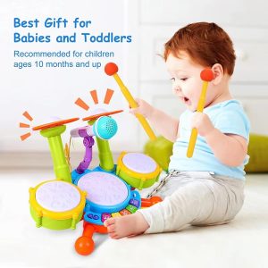 Kids Drum Set with Microphone – Light Up Musical Drum Kit with Crash Cymbals & Volume Control