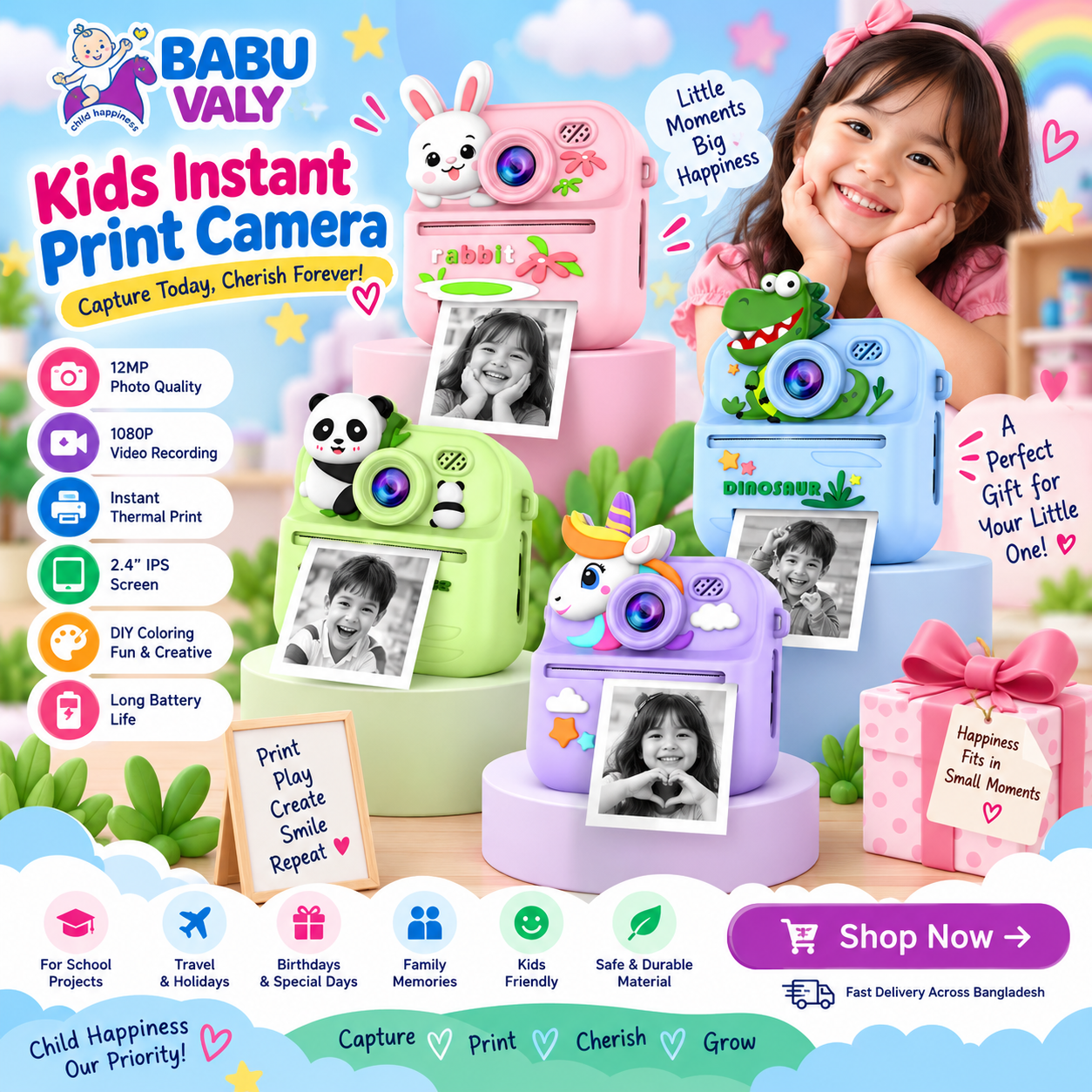 Kids Digital Photo Camera with Portable Thermal Printer Instant Print photo with Video Recording
