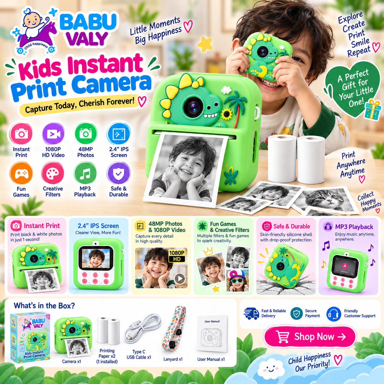 Instant Print Camera with Selfi camera for Kids Supports 10X Zoom MP3 Playback